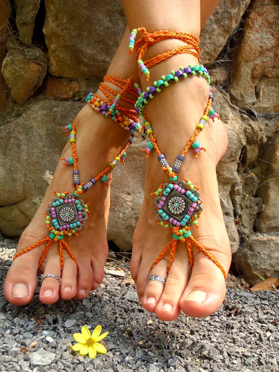 GYPSY summer BAREFOOT SANDALS sole less sandals beach wedding rainbow dance jewelry slave anklet foot jewelry bohemian shoes unique