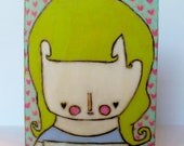 Bright heart girl curly girl art colorful folk art painting mixed media bees wax encaustic acrylic original 3x4 inches