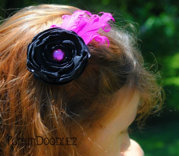 Black Satin Singed Flower with Hot Pink Curly Feather and Pink Rhinestone Center Accents . Everyday Wear . Photo Prop . Gift . Wedding .