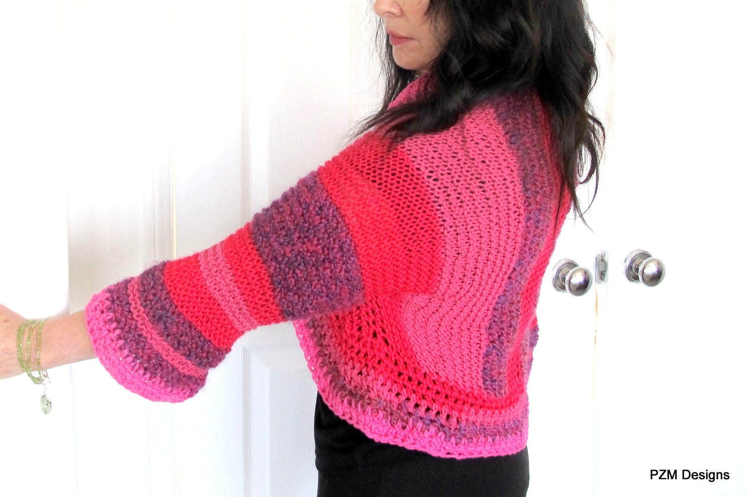 Crochet Shrug All Out Pinks, color block pinks, springtime outerwear