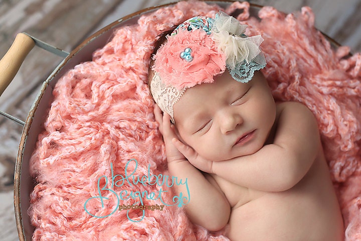 Gazebo Gala- coral, pink and aqua headband with lace, rosettes, chiffon flowers and ruffles