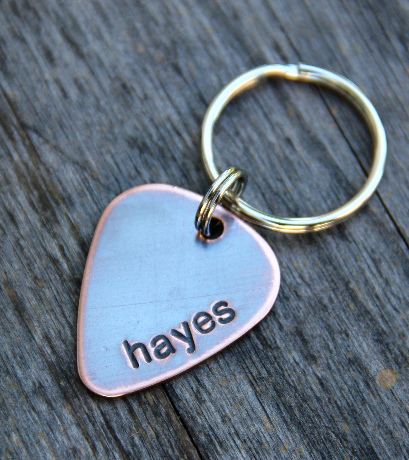 KEYCHAIN PRICING: Custom Guitar Pick in Handstamped Copper - Perfect for Weddings and Anniversaries