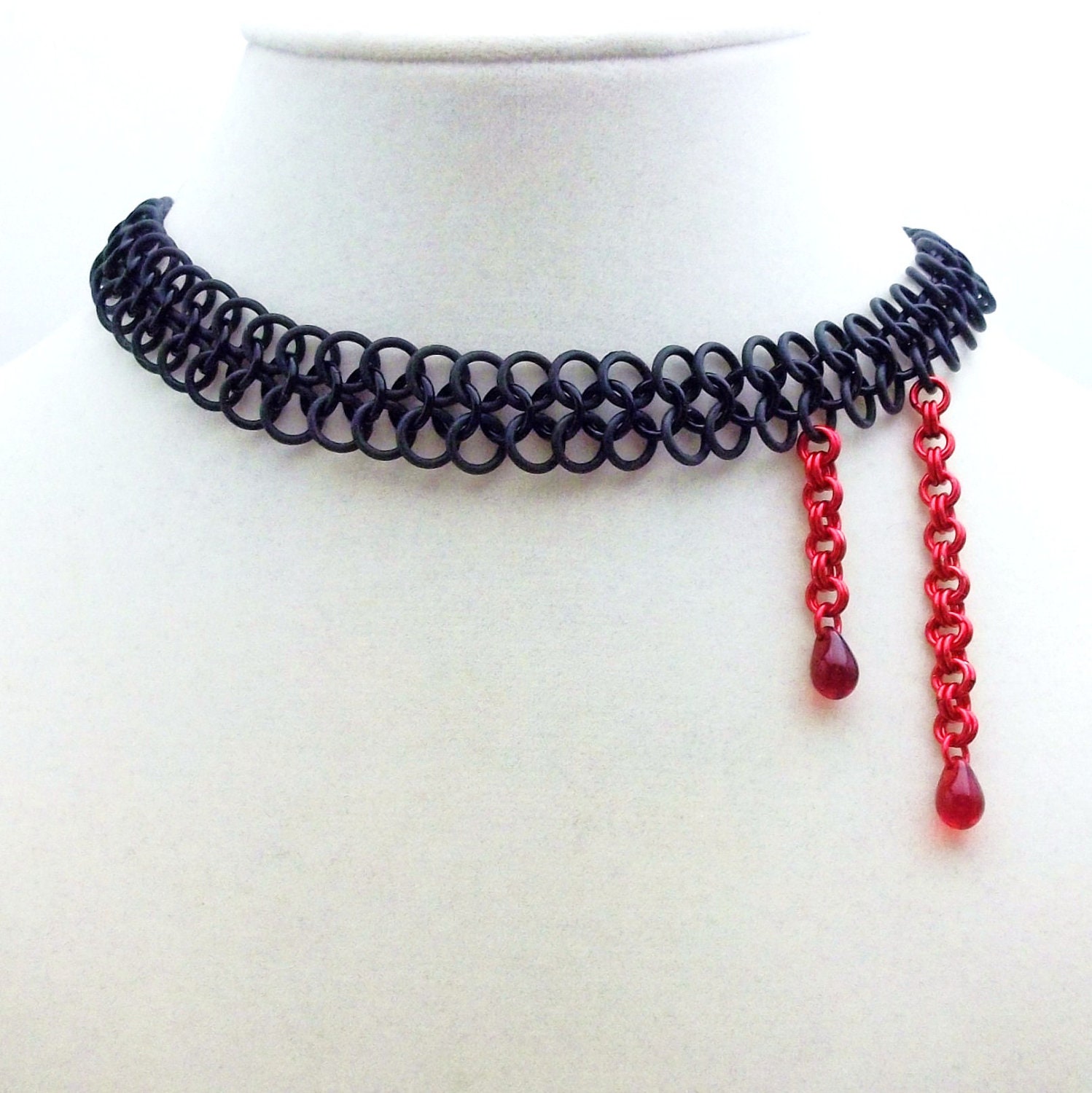 Bitten - Gothic Black Chainmail Choker Necklace with Red Glass Blood Drops