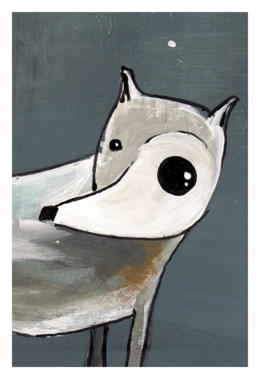 wolf and owl GIant poster print 11x17 poster print -gray and white wolf with mustard yellow - deep yellow owl on his tail