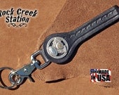 Black Leather Belt Key Fob with V-Twin snap cap and hand tooling - handmade in Arizona USA