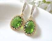 Apple Green Oval Faceted Bezeled Glass Stones With Gold Cubic Zirconia Hook Earrings, Bridal Earrings, Bridesmaid Earrings