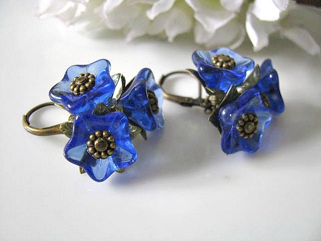 Sapphire Blue Czech Glass Trumpet Flower Earrings, Antique Brass Leaves, Nature Inspired Jewelry, Gift For Her