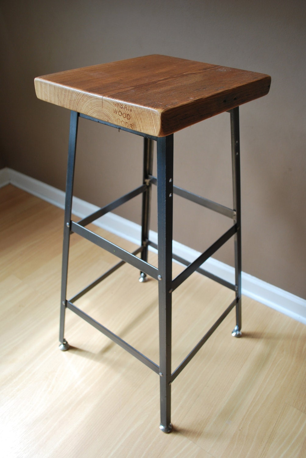 Reclaimed Wood and steel industrial shop Stool. made in chicago 25" counter height