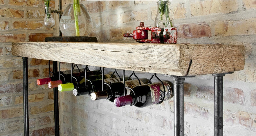 Industrial Reclaimed Wine Bar and Rack (150 year plus "old growth" wood) free shipping 48"  l x 11.5" w x 35" tall