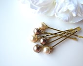 Neutral Pearl Hair Pins, 10mm Swarovski, Bronze and Light Gold - BellaMiaDesign