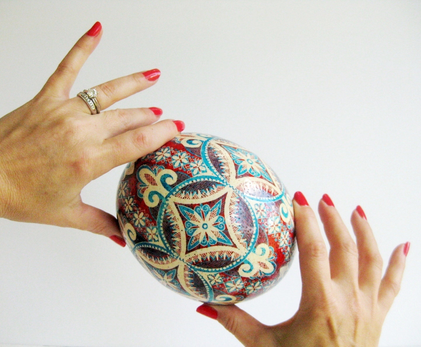 Red and Turquoise Ostrich egg pysanka, hand painted ostrich egg shell