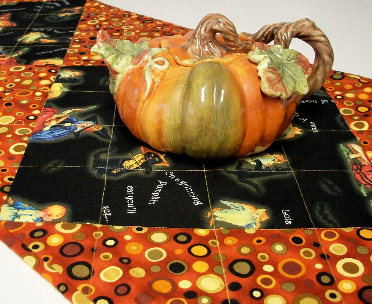 Halloween Table Runner Vintage Look Handmade Reversible Quilted Ready to Ship One of a Kind