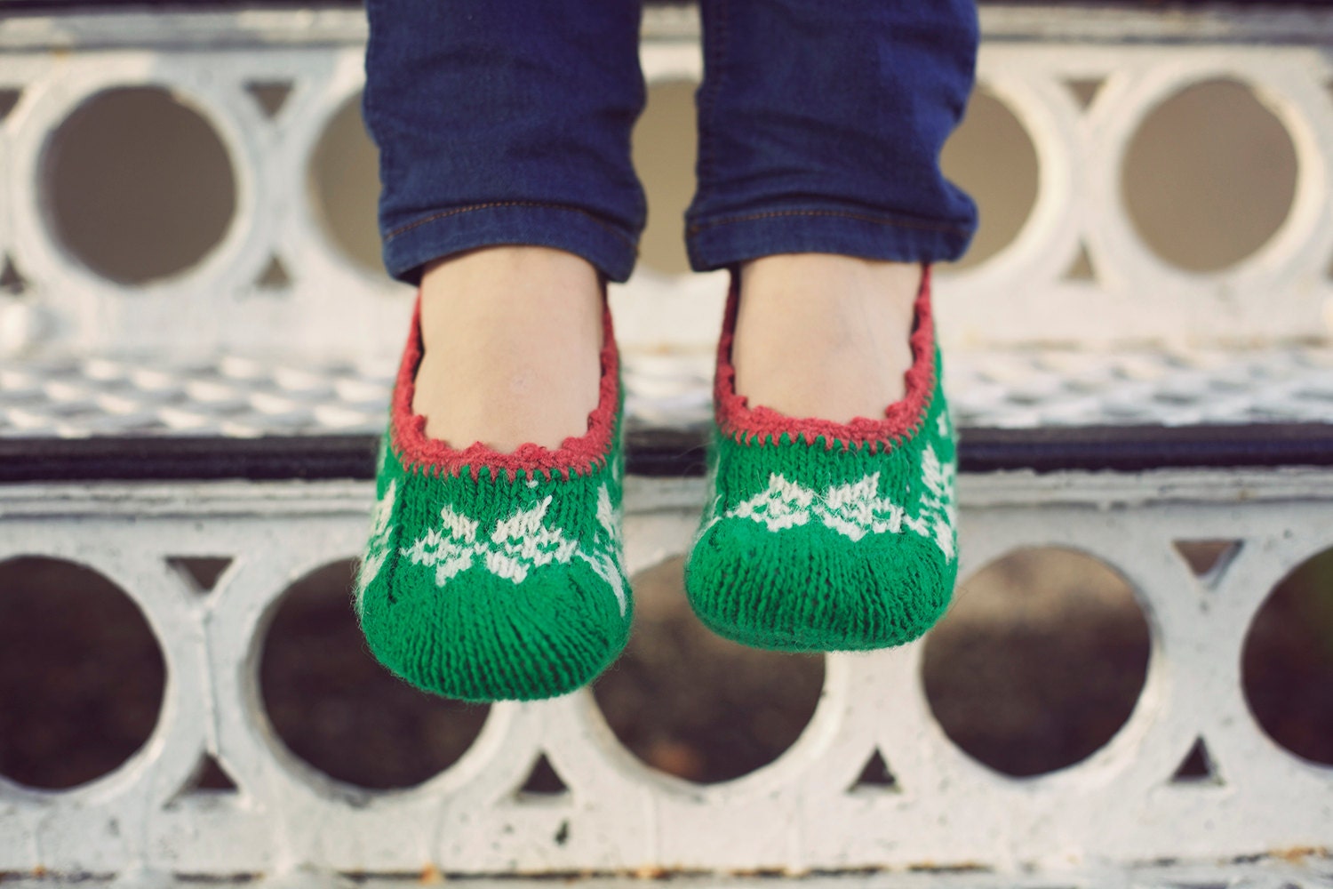 hand knit green wool socks slippers for women