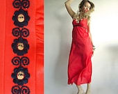 LITTLE FLAMING HEART Vtg Maxi Boho Hippie Slip Dress in Poppy Red with Black Flower Trim for Free Spirited Species Size S