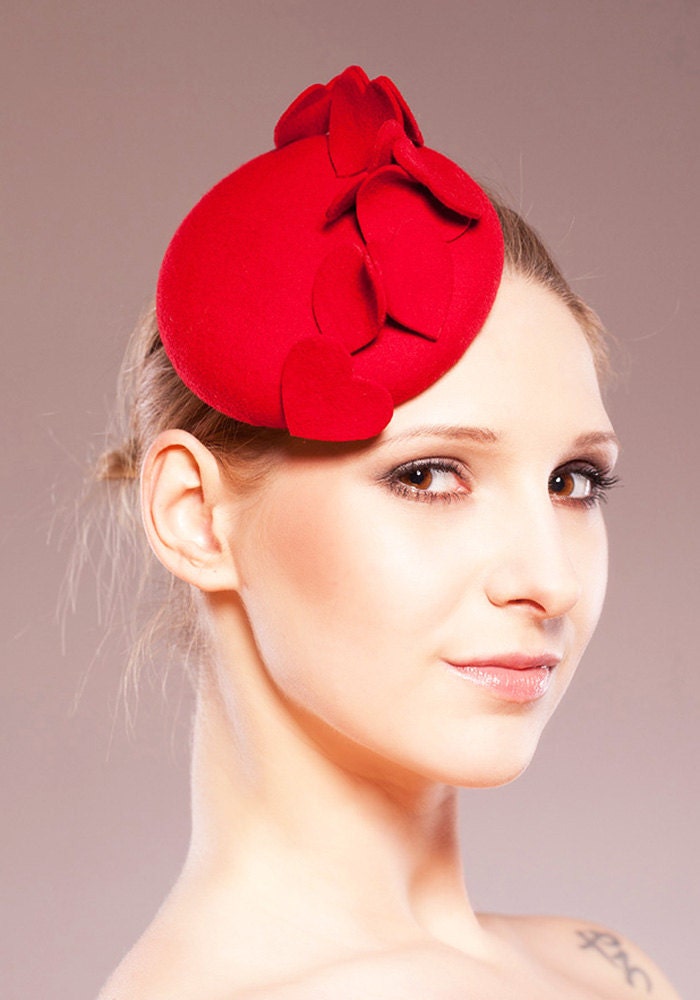 Red Wool Handmade Cocktail Hat Pillbox Summer Retro Pill Box Hats Hearts Headpiece Wedding Fascinator Weddings