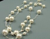 WIRE WRAPPED, Lusterous White Swarovski Pearl and Silver Chain Handmade LONG Necklace