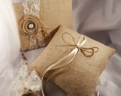 Rustic Burlap Lace and Pearl Ring Bearer Pillow and Guest Book Pen Set. Style: Sheron Set