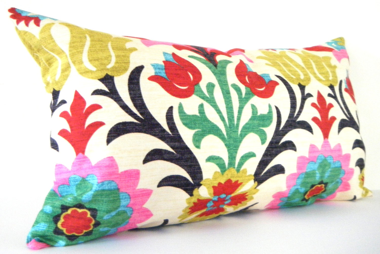Long Pillow 14x28 Inch Bohemian Chic Decorative Designer Pillow Cover, Long Lumbar Pillow,Red Pink Dark Blue and Yellow