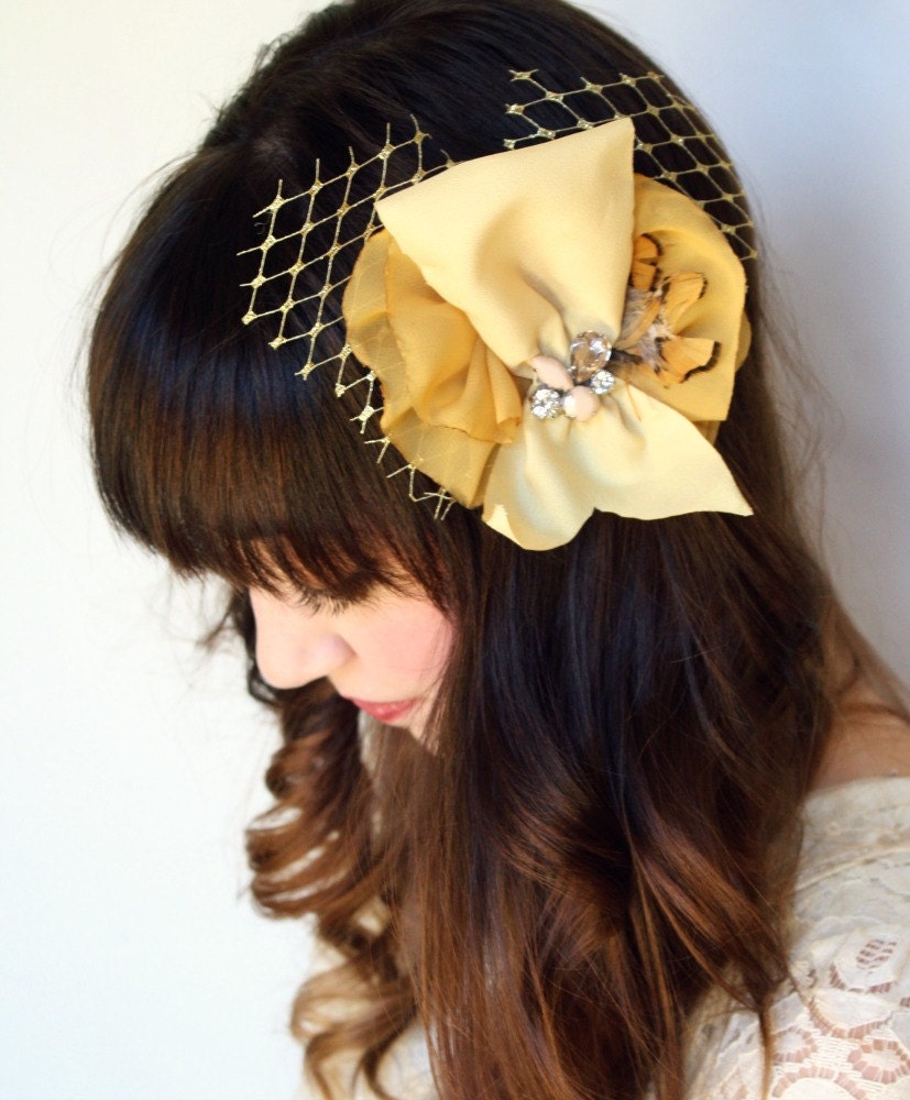 Gold Ruffle and Feather Fascinator