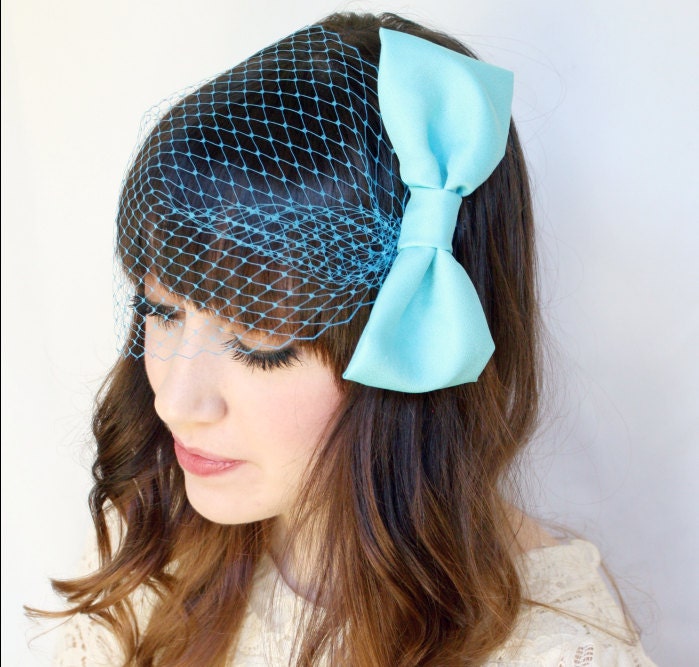 Blue Crepe Satin Bow Clip with birdcage veil