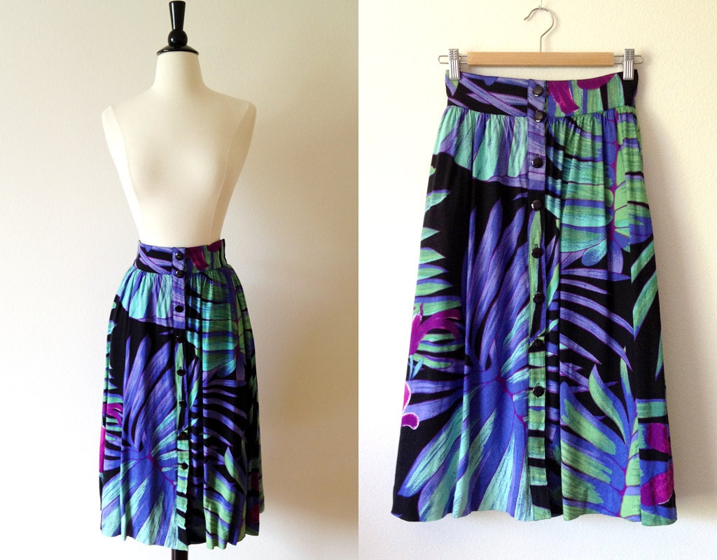1980s black abstract painted print button front midi skirt xs