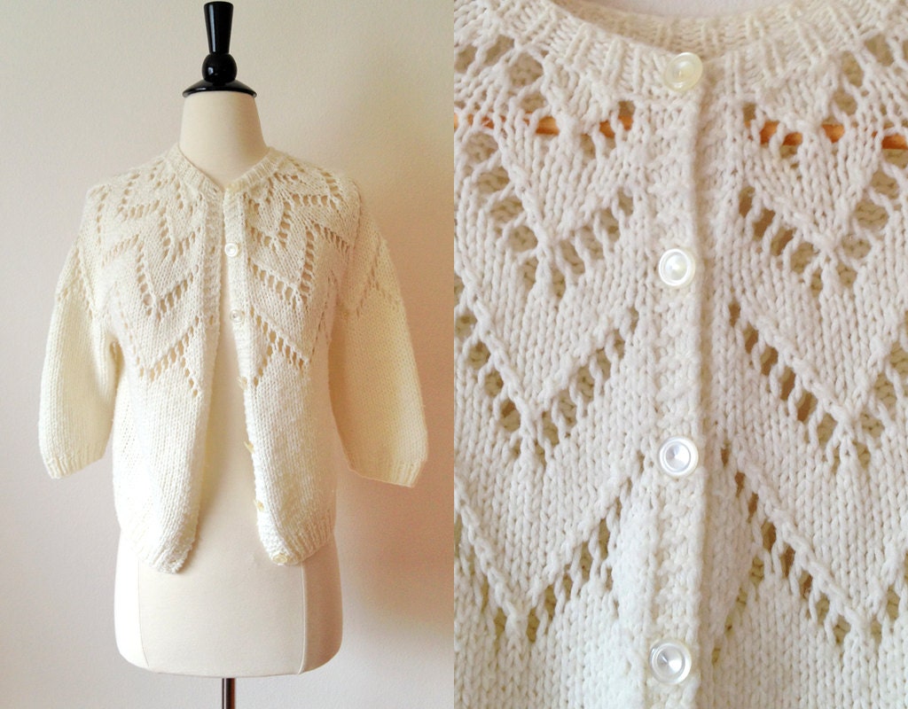 1980s cream open knit cropped chevron cardigan sweater s