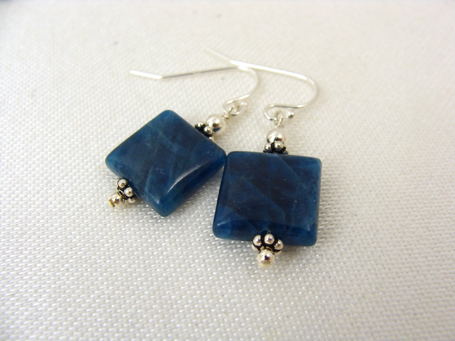 Blue apatite semi precious gemstone square earrings with sterling silver