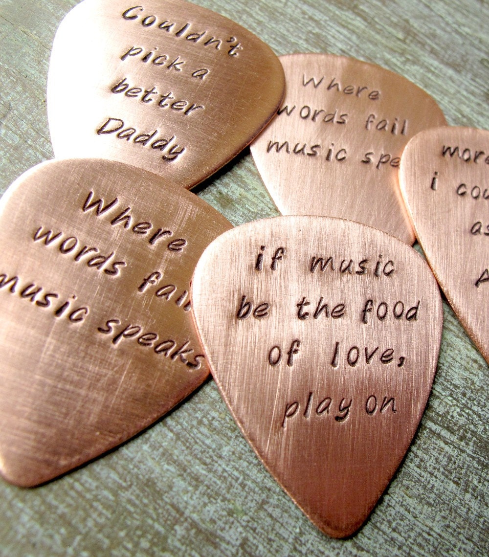 Personalized Hand Stamped Custom Copper Guitar Pick with Leather Case - Gift for Him Musician Dad Brother Rock Star
