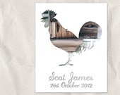 rooster personalized art print, 11x14, custom nursery art, new baby gift, bird, animal, name art, wall decor, blue,  gray, wooden