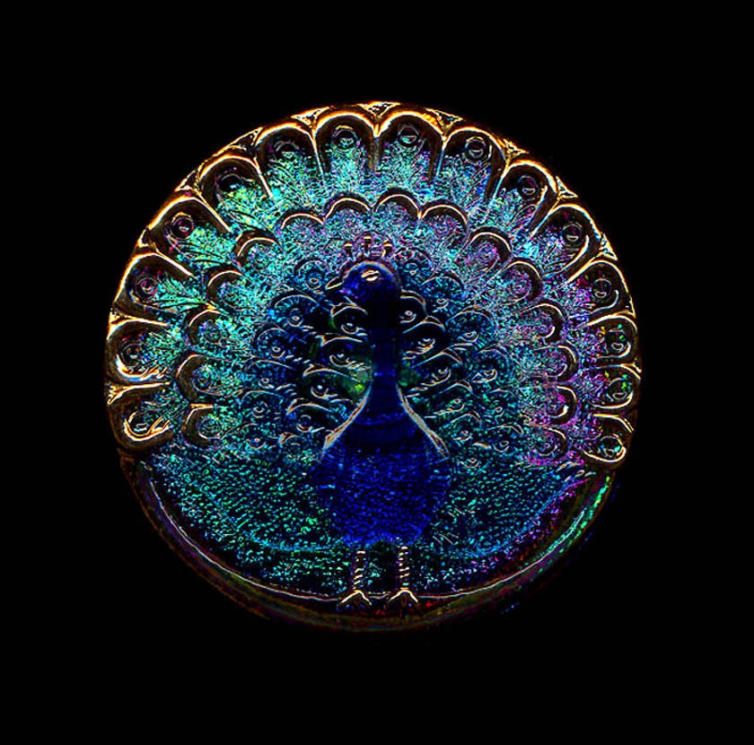 TREASURIES Modern Czech Glass Peacock Button Gold Luster Multicolor Mirror Back XLG Buttons