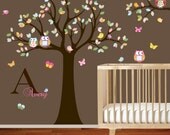 Owl tree wall decal with owls butterflies and birds large tree decal