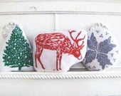 Holiday Season Pillow Set. Reindeer, Christmas Tree, and Snowflake. Hand Woodblock Printed. Made to Order. SAVE 20%