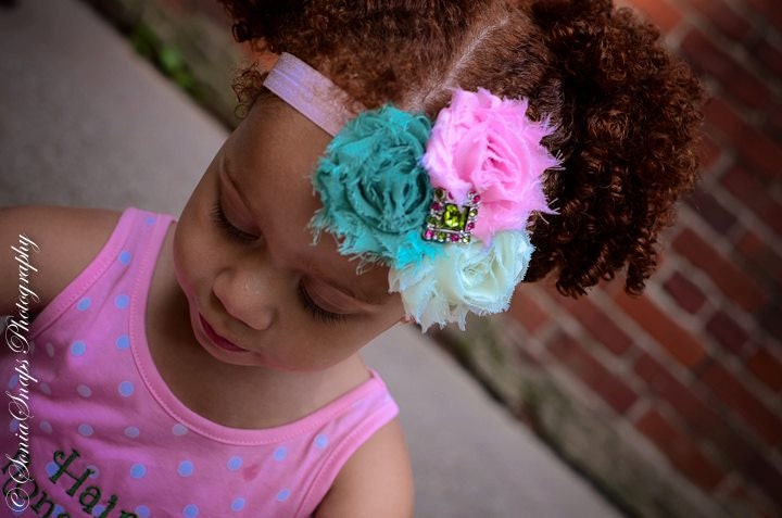 Teal Mint Green Pink Vintage Style Shabby Chic Triple Flower Baby Headband - Newborn - Infant - Toddler - Girl - Photo Prop