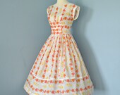 Vintage Summer Dress...1950s Semi Sheer Floral Print Cotton Dotted Swiss DUVAL CREATIONS Summer Dress Dead Stock Small Medium