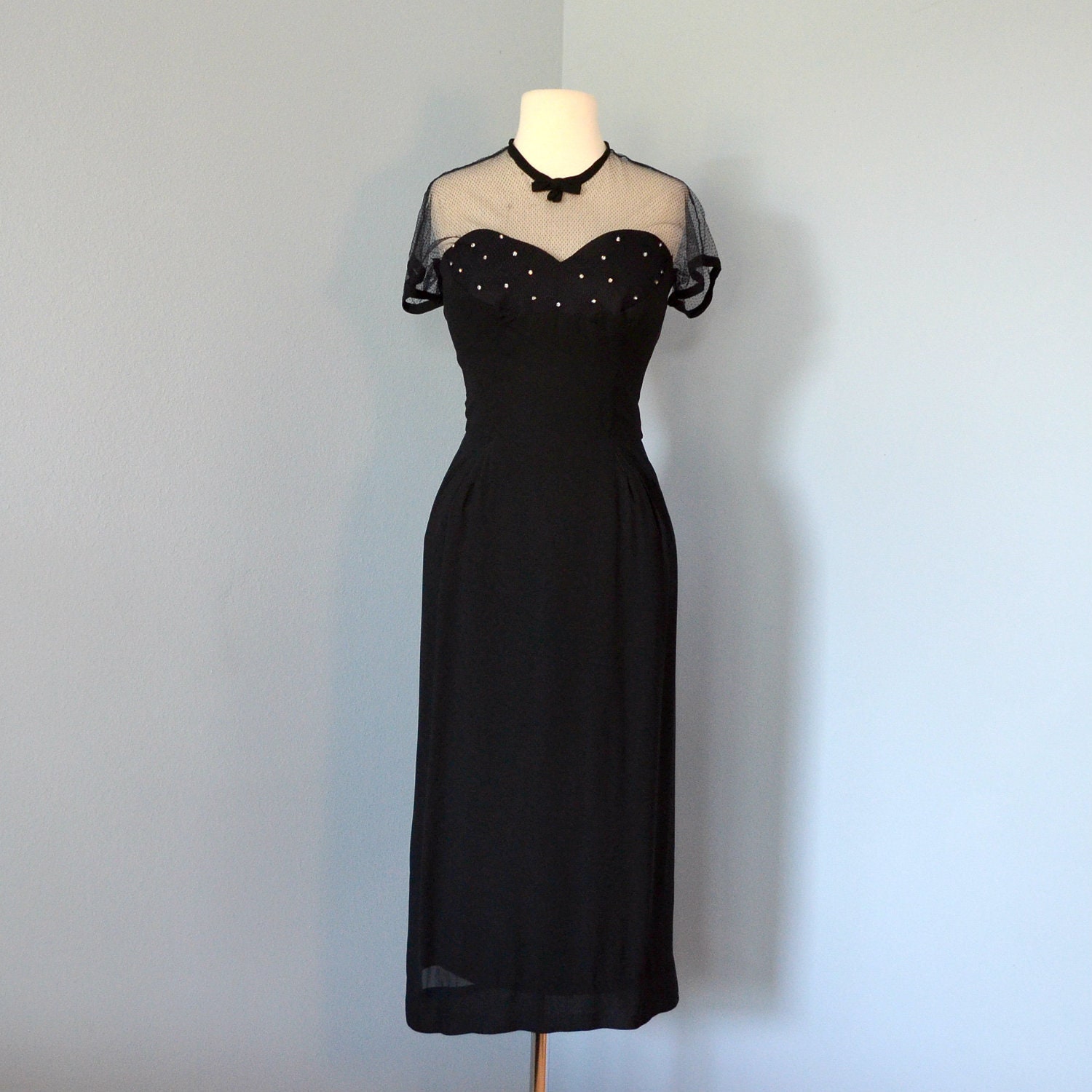 Vintage 1950s/1960s Cocktail Dress...Beautiful Midnight Black Chiffon Rhinestone Encrusted Cocktail Dress Party Dress