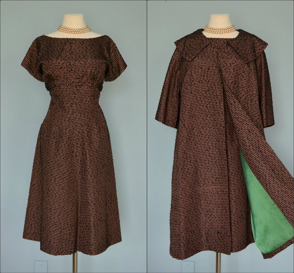 Vintage 1950s Dress and Swing Coat...Bronzy Brown Cocktail Dress and Matching Swing Coat Pinup Medium