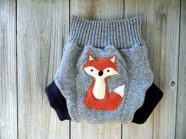 Upcycled Wool Soaker Cover Diaper Cover With Added Doubler Gray With Fox Applique LARGE 12-24M Kidsgogreen