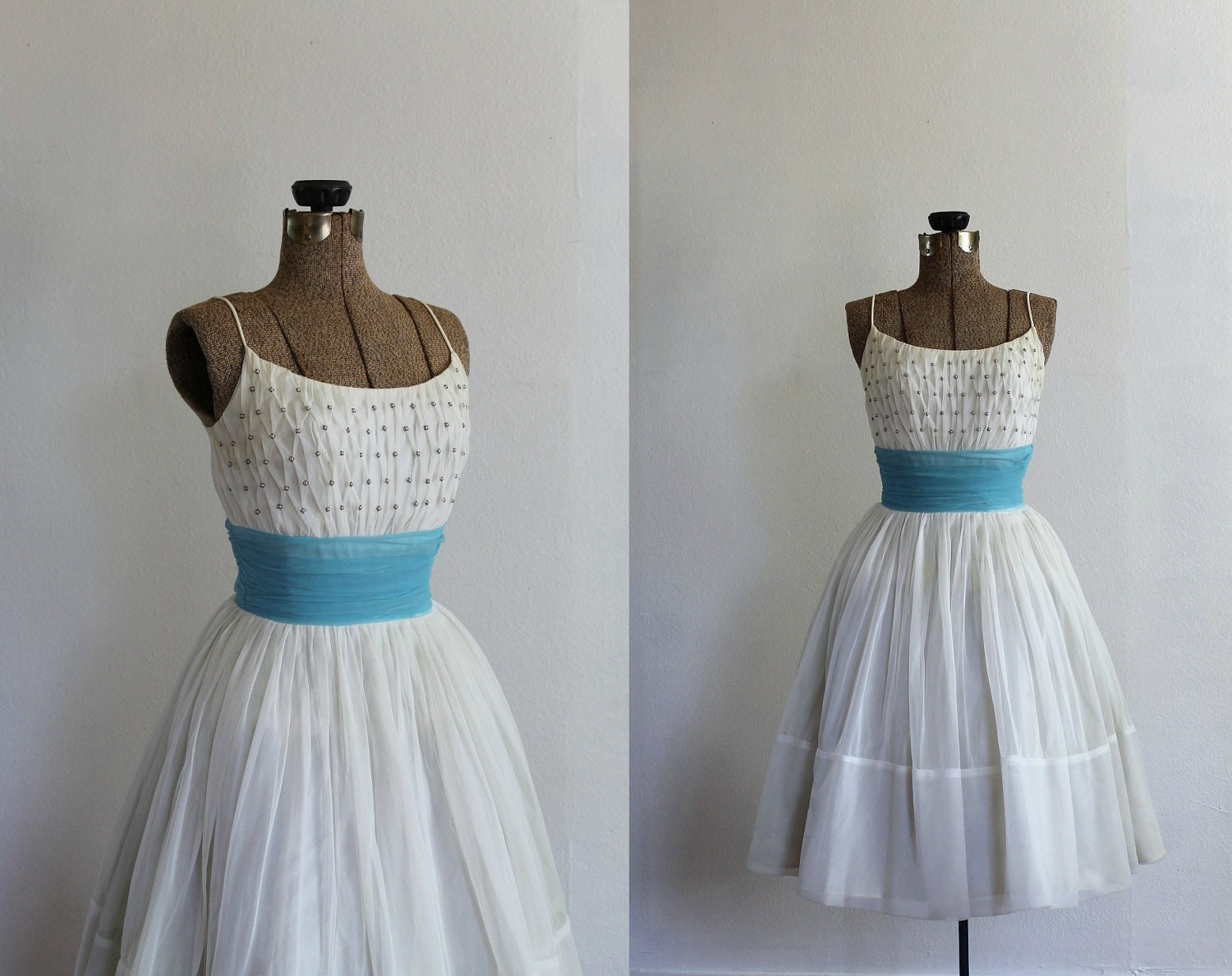 vintage 1950s wedding dress 50s white full skirt winter wedding dress with light blue cummerbund / ice dance