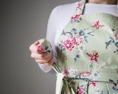 Womens Pleated Apron / mint green and pink floral LAST ONE