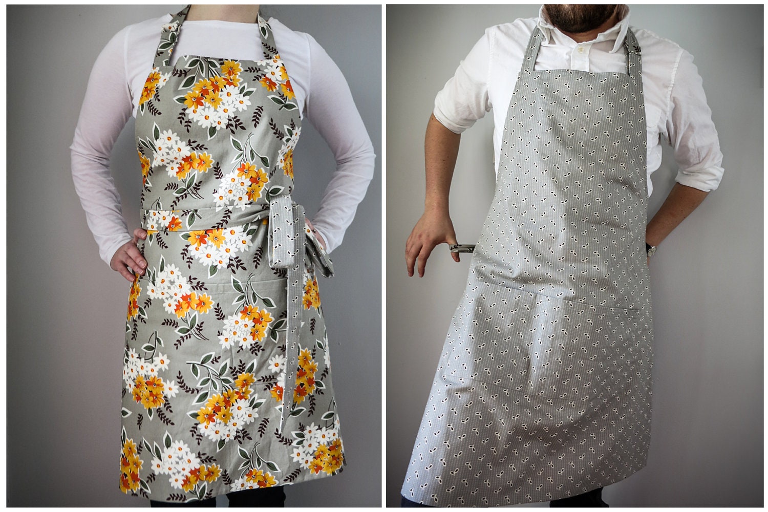 His Hers Reversible Apron / light grey floral and pinstripe