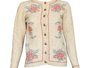 Vintage 50s style pale cream pink rose flowers embroidered pure wool cardigan by EWM small to medium