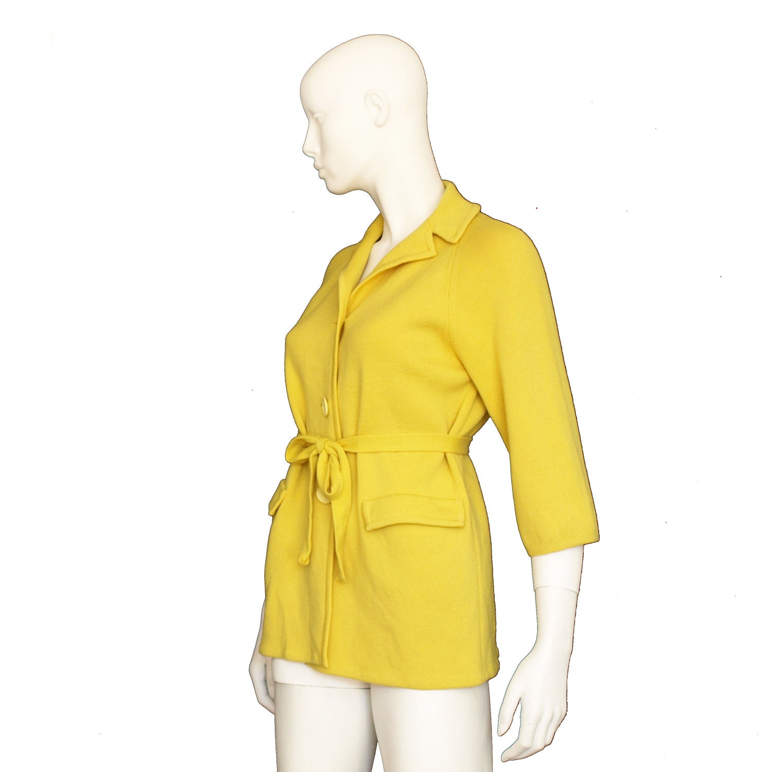 Vintage 60s Marchesa di Grésy for I Magnin bright canary yellow wool knit jacket  with tie belt small to medium