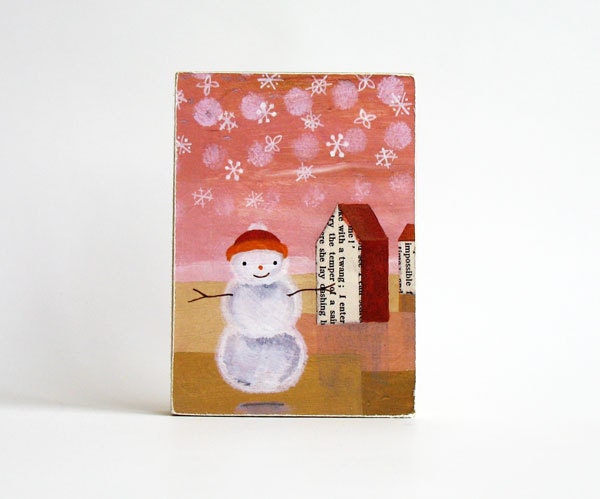 Snowman - mini wood block mounted whimsical mixed media pink winter snow house 3.5 x 2.5 inches ACEO size