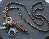 Brilliant Vintage Charm Verdigris Rhinestone and Natural Stone Necklace