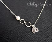 Vertical Infinity necklace with initial leaf and Freshwater  pearl, STERLING SILVER  figure 8 necklace, family necklace