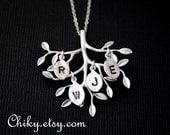 Family Tree necklace with four initial leaf, tree branch necklace, leaf necklace, STERLING SILVER - family tree necklace, leaf jewelry