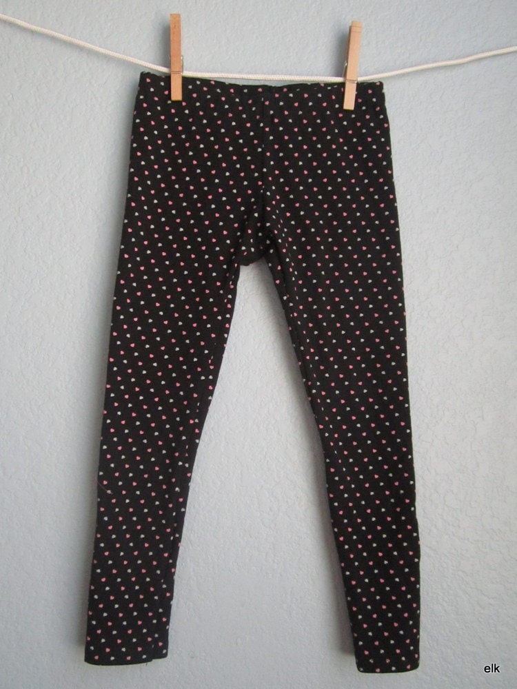 Girls Leggings - Black White Pink Hearts Long, READY TO SHIP (6-12m, 12-18m, 2T, 3/4, 7/8)