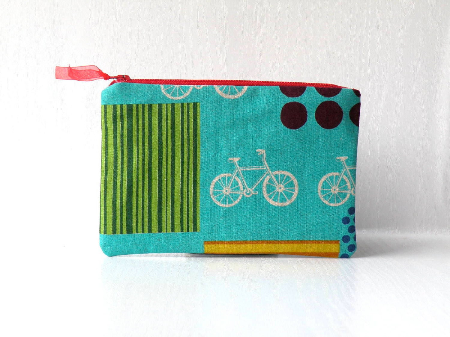 Bicycles and stripes in turquoise zippered wristlet,pouch,clutch,make up bag