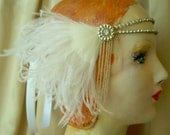 clara - double banded flapper headband with 1920's beading, vintage rhinestones and white feathers -made to order