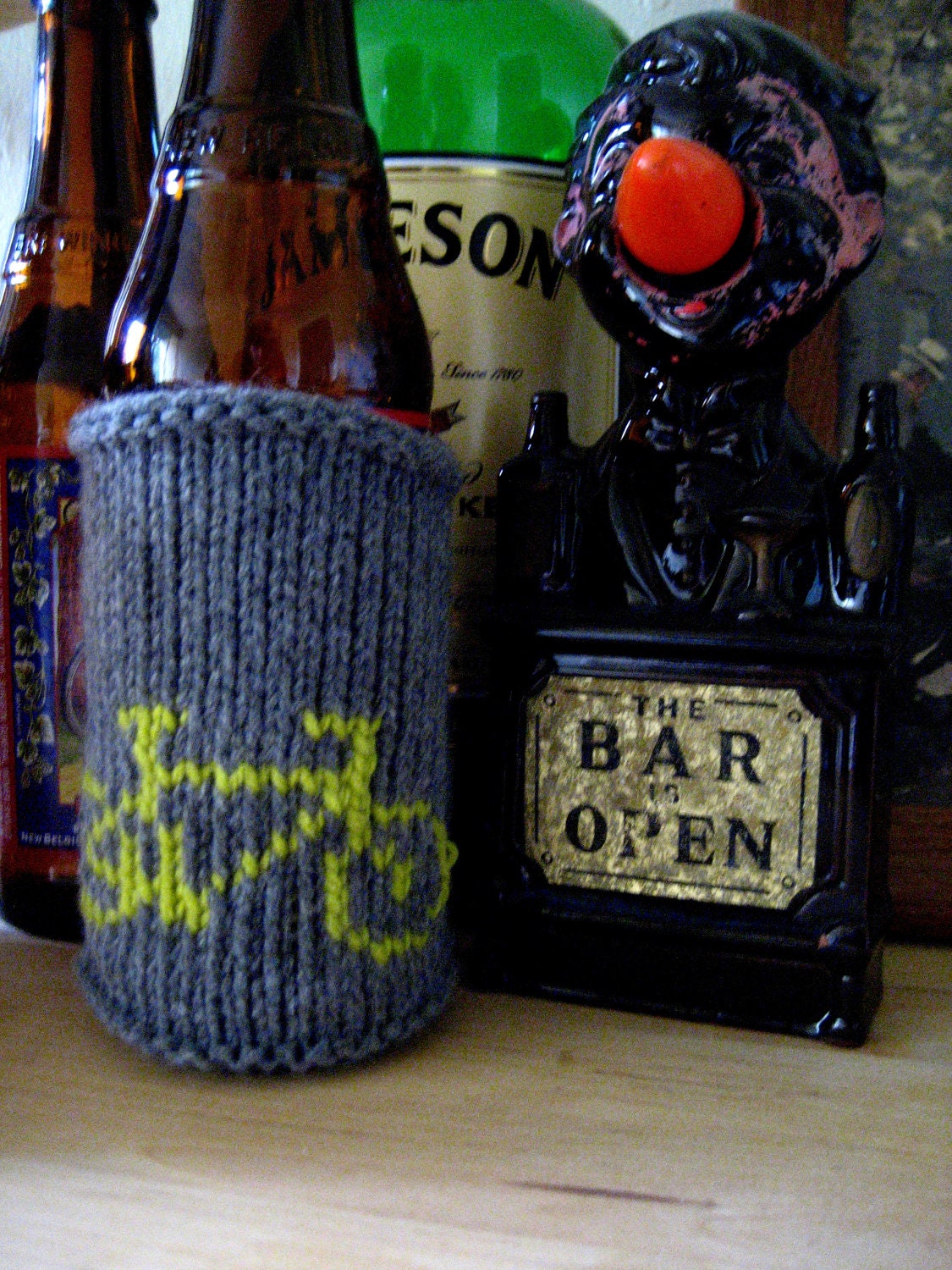 Grey and Neon Green Bike Knit Beer Coozie